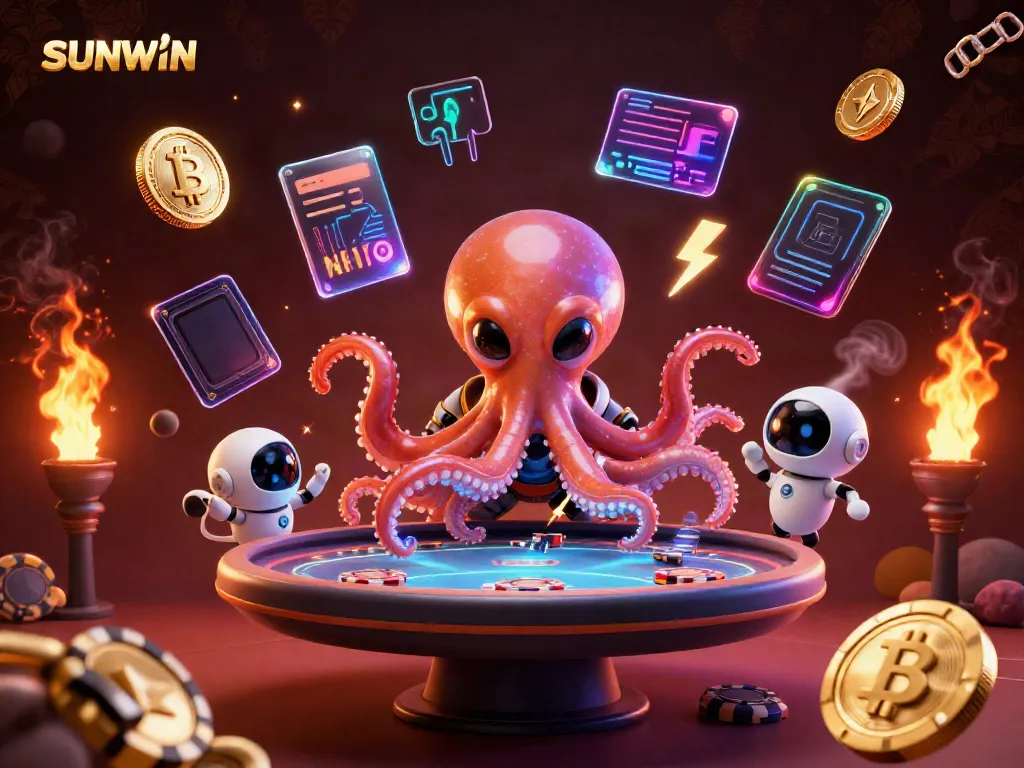 Engage with SUNWIN's vibrant gaming experience featuring an alien octopus mastering poker in a cosmic setting.