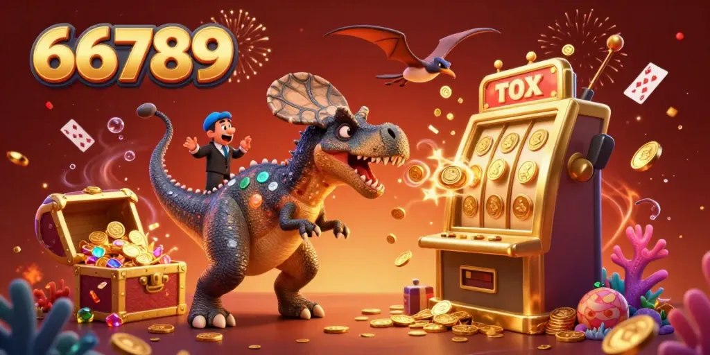 Experience the thrill of 66789 with a pachycephalosaurus headbutting a slot machine, unleashing jackpot coins.