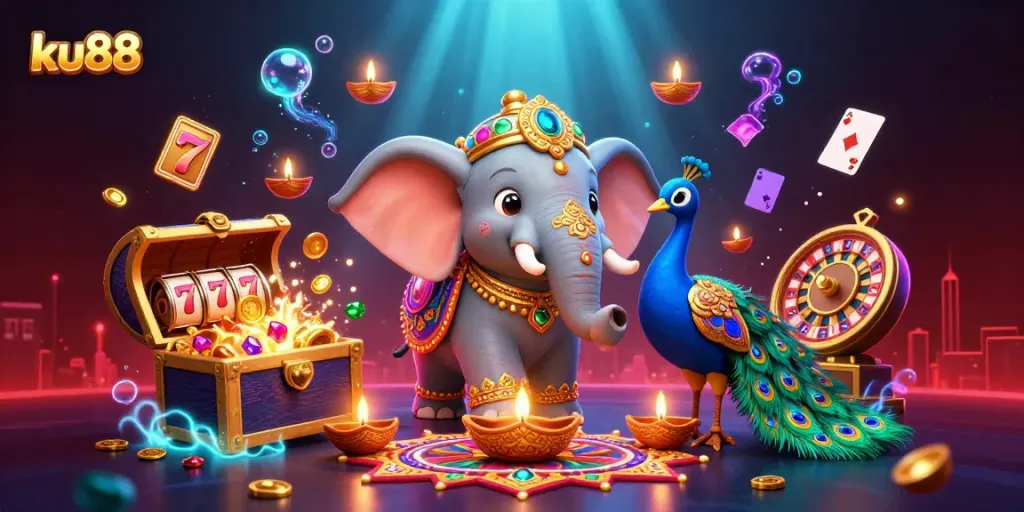 ku88 players experience thrilling wins with a colorful 3D casino illustration of slot machines and festive elements.