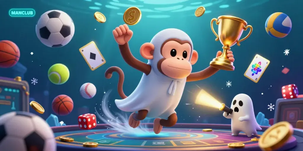 Engage with the MANCLUB casino scene where a playful monkey juggles golden coins, surrounded by dynamic sports elements.
