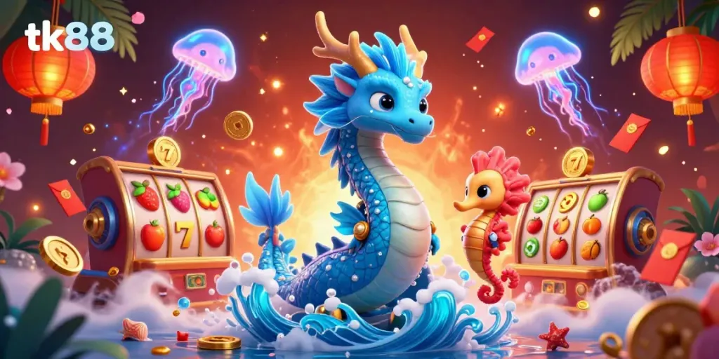 Engage with the thrilling world of tk88 in a vibrant underwater casino scene, featuring a water dragon, seahorse knight, and slot game elements.