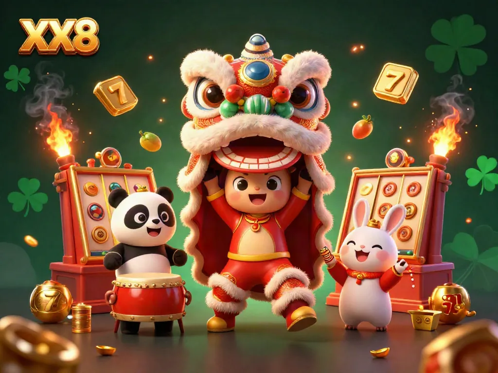 Experience thrilling online gaming at XX8 with a vibrant Chinese New Year-themed casino scene featuring lions, lucky symbols, and excitement.