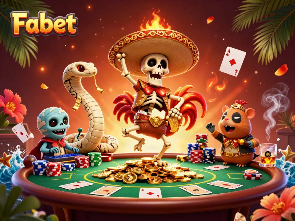 Fabet's thrilling casino experience with a mariachi rooster celebrating victory among poker elements.