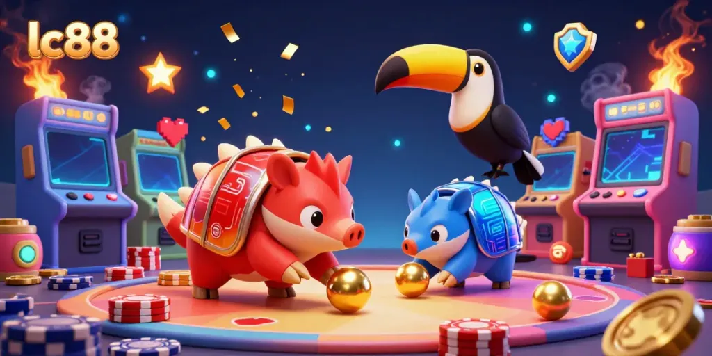 Engage in thrilling gameplay at lc88 with rival pangolins competing over golden poker chips amid vibrant arcade elements.
