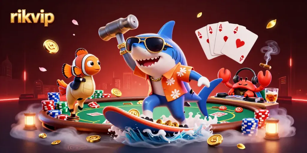 Engaging rikvip scene with a shark surfing on coins, accompanied by playful characters in a vibrant casino environment.