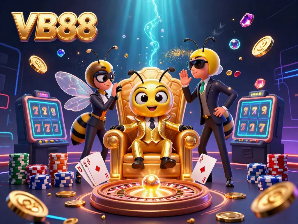 Engage in thrilling gameplay at VB88 with cartoon characters amidst golden coins, chips, and roulette.
