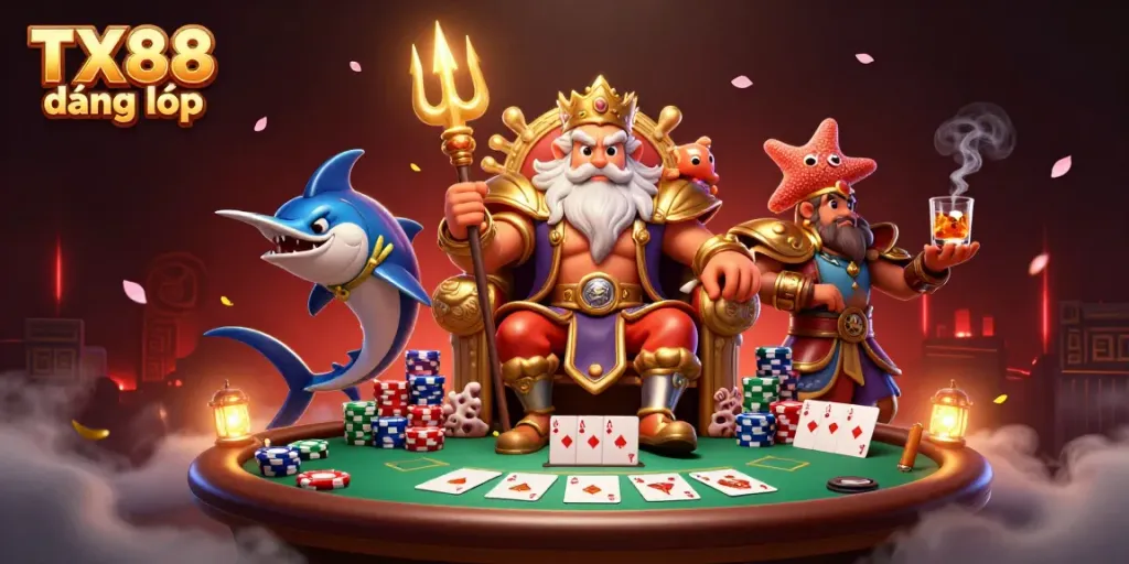 TX88 đăng nhập scene showcasing Neptune and samurai in a vibrant casino setting with poker elements.
