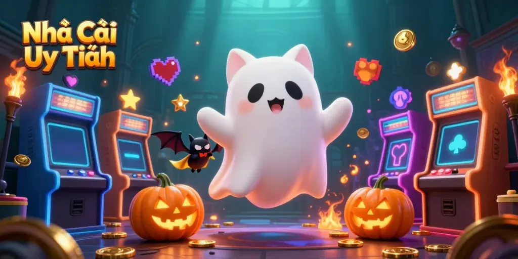 Engage with Nhà Cái Uy Tín through a vibrant casino scene featuring a ghost cat and vampire bat amidst gaming excitement.