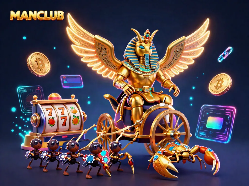 Play exciting slots with MANCLUB featuring a golden scarab beetle and scorpion chariot in a vibrant casino atmosphere.
