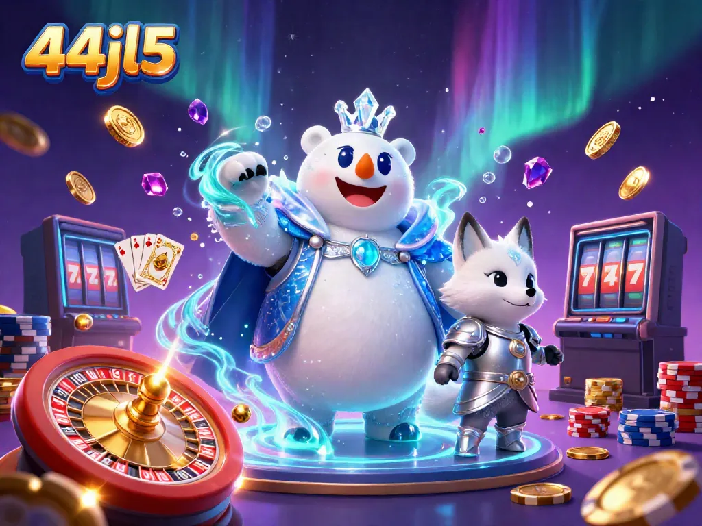 Spin to victory with 44jl5: An enchanting scene featuring a polar bear king and fox in a fantastical casino setting.