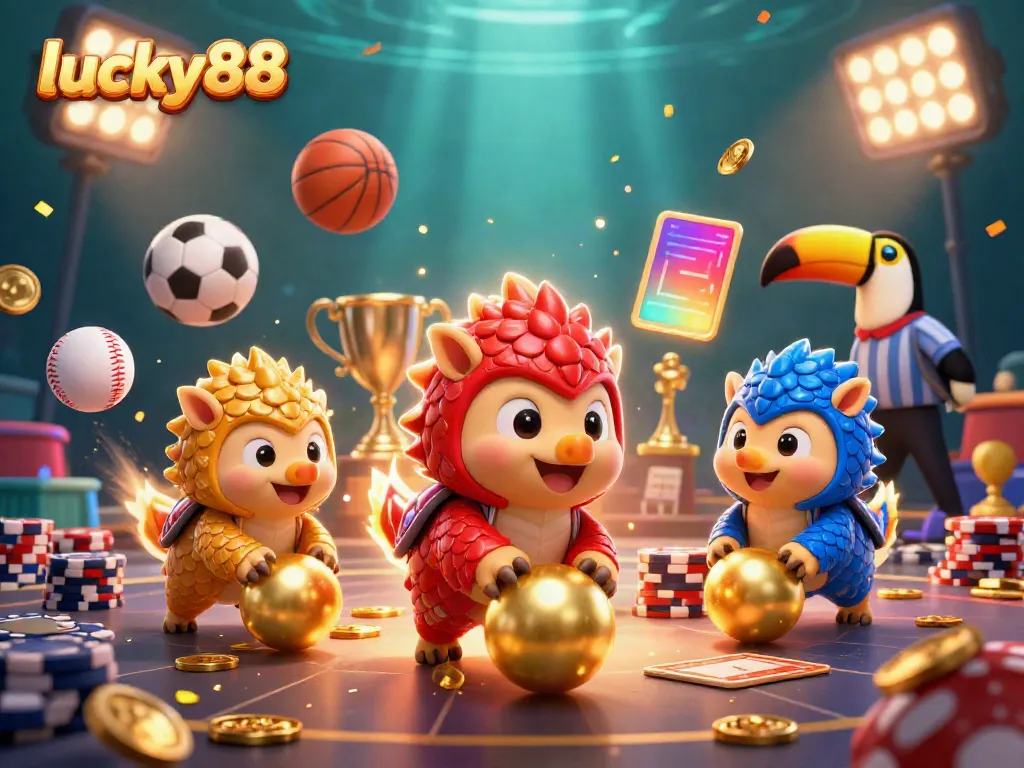 Experience thrilling moments with lucky88 in a vibrant 3D illustration of pangolins bowling through poker chips.