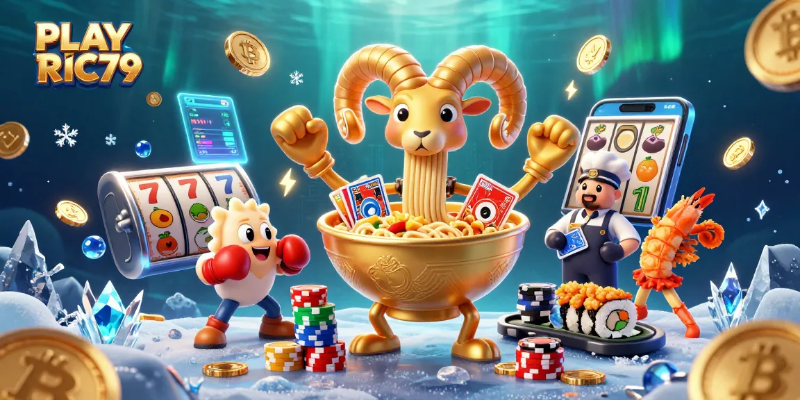 Play RIC79 showcases a vibrant casino scene with exciting characters and crypto elements.