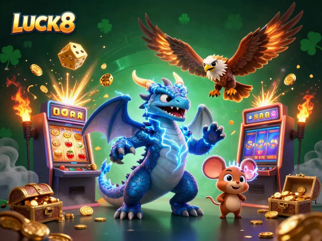 Experience the excitement of LUCK8 with thrilling slot machines, vibrant characters, and dynamic casino elements.