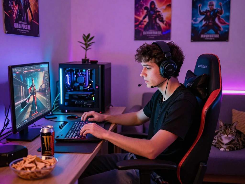 Engaged gamer playing online porn games in a cozy room with colorful LED lights.