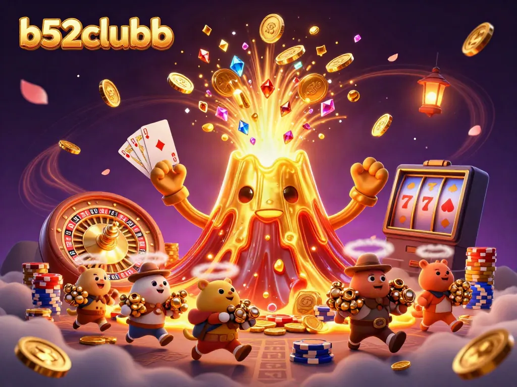 Experience the thrill of b52clubb with a dynamic scene of a golden volcano erupting treasures amidst vibrant casino elements.