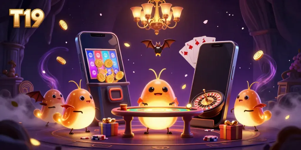 T19 brings casino excitement alive with a vibrant glowworm scene featuring a bat dealer and colorful gaming elements.