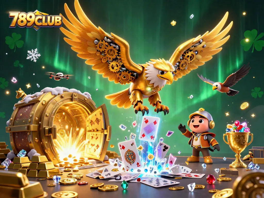 Experience thrilling wins at 789CLUB with golden treasures and holographic excitement in this vibrant scene.