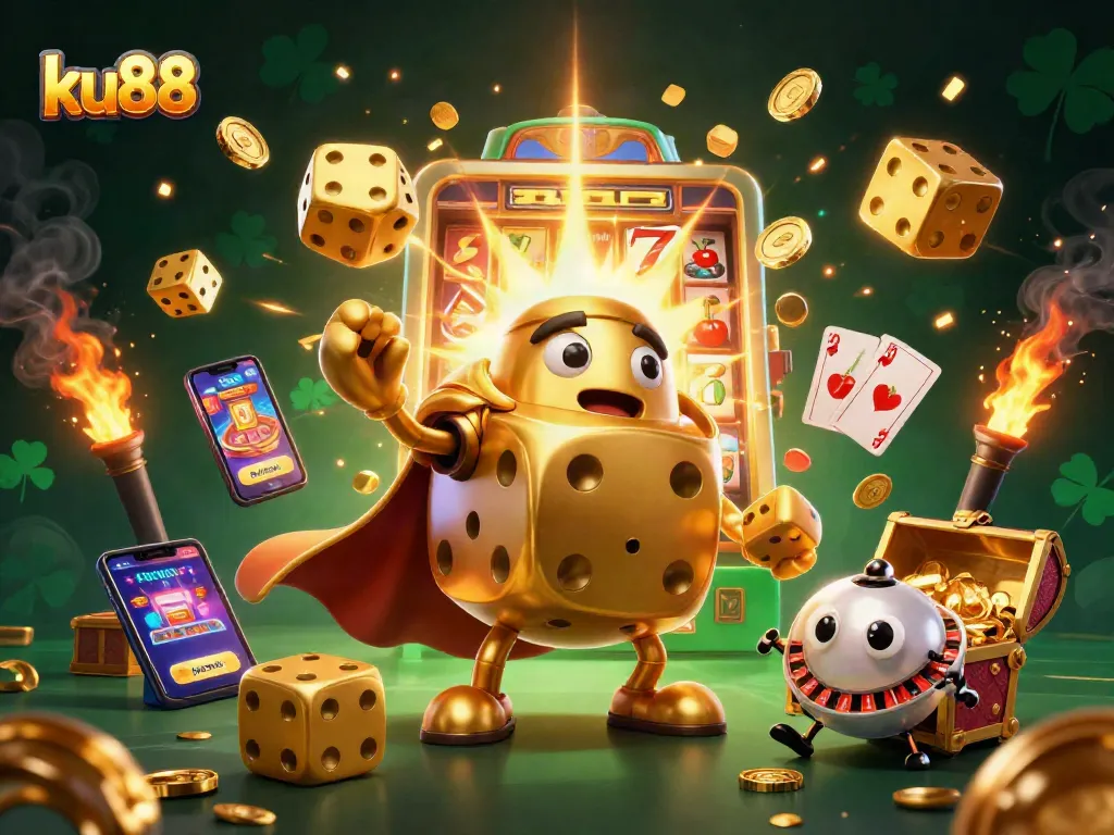 Join ku88 for immersive gaming adventures featuring vibrant casino scenes with golden dice, jackpots, and slot machines.