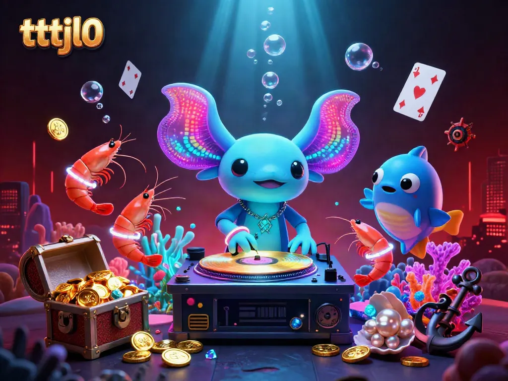 Engage with tttjl0's vibrant underwater casino scene featuring an axolotl DJ and energetic sea creatures.