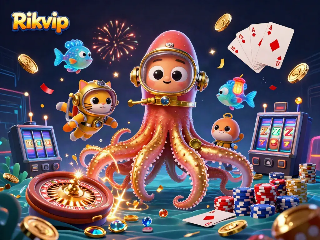 Experience the thrill of Rikvip with a vibrant colorful underwater casino scene featuring treasure and games.