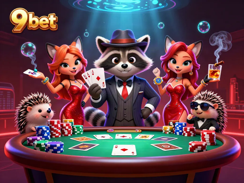 Win big with 9 bet at a lively poker table featuring vibrant characters and rich casino elements.