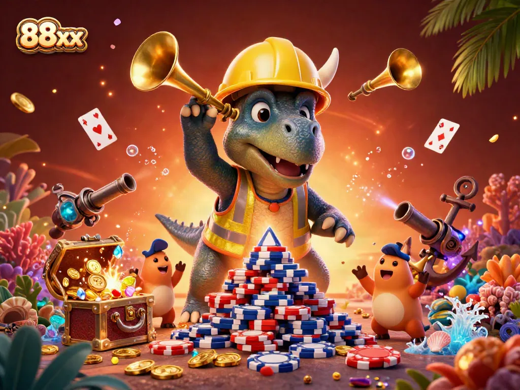 Celebrate gaming adventures with 88xx's triceratops and friends in a vibrant casino scene.