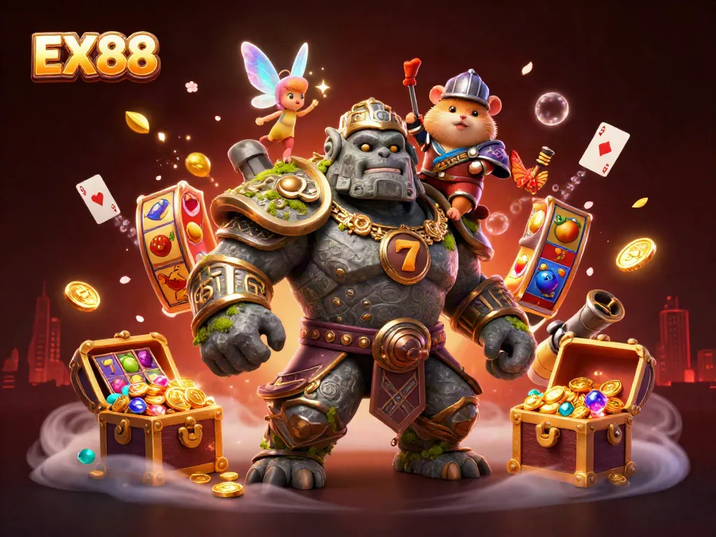 Experience excitement in EX88's fantasy casino with vibrant golem and magical characters.