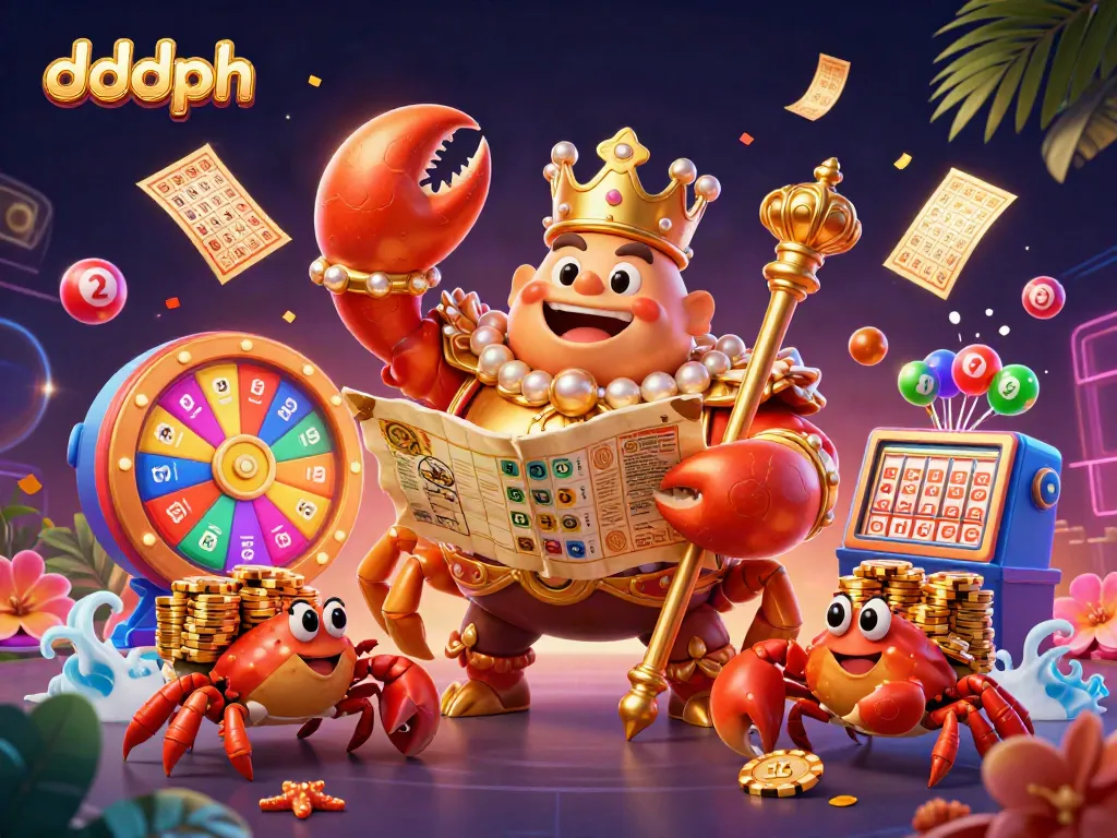 Engage with dddph's vibrant lottery scene featuring a golden crab emperor amidst colorful game elements.