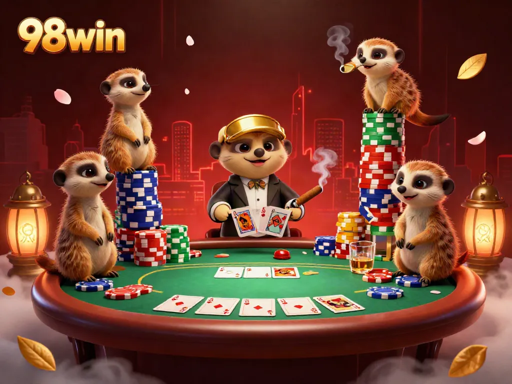 Join the fun at 98win as meerkats run a vibrant casino scene filled with chip towers and poker action.