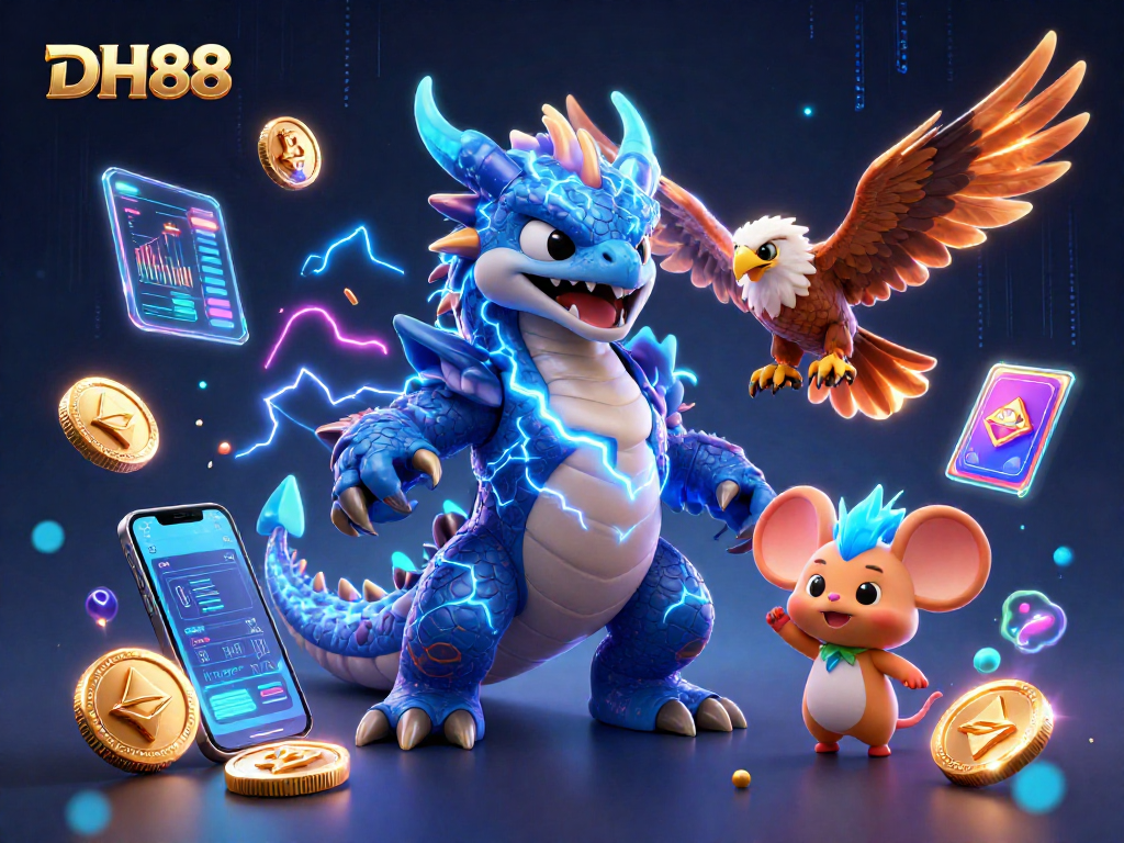 Engage with thrilling gameplay at DH88, showcasing a dynamic 3D scene of casino excitement and cryptocurrency elements.