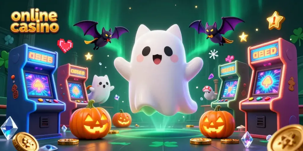 Explore vibrant online casino fun with a ghost cat and bat in a haunted casino