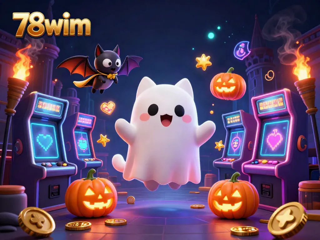 Engaging illustration of the ghost cat and bat in a haunted casino, showcasing the vibrant 78wim gaming atmosphere.