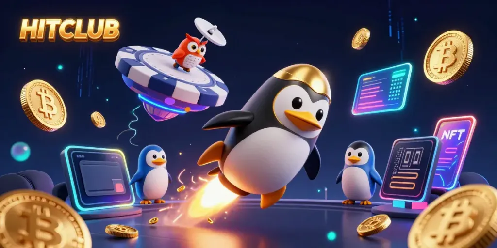 Experience thrilling gaming with HITCLUB as a golden penguin zooms toward a casino space station surrounded by digital currencies.