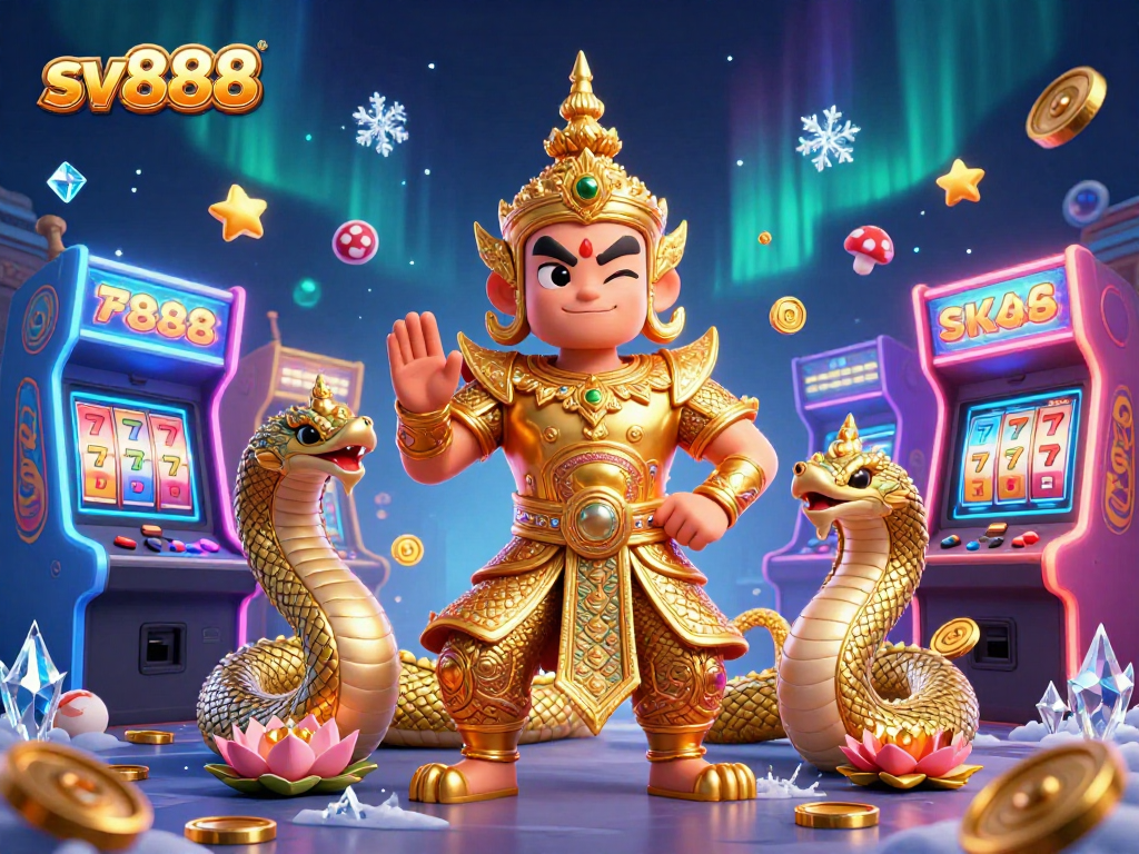 Engage with sv888's vibrant casino scene featuring character-rich 3D visuals, slot reels, and interactive gaming elements.