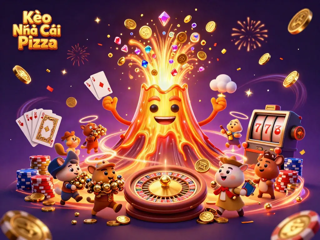 Kèo Nhà Cái Pizza features a golden volcano erupting treasure, showcasing gambling excitement and fortune.