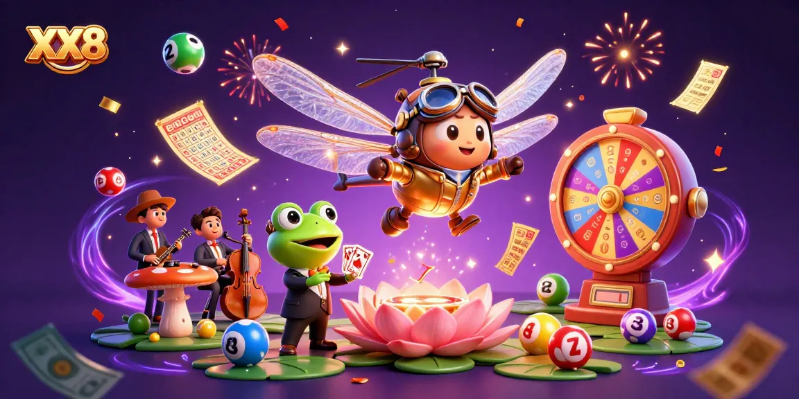 Engage with the lively XX8 casino scene featuring a dragonfly pilot and a frog dealing cards amidst vibrant prizes.