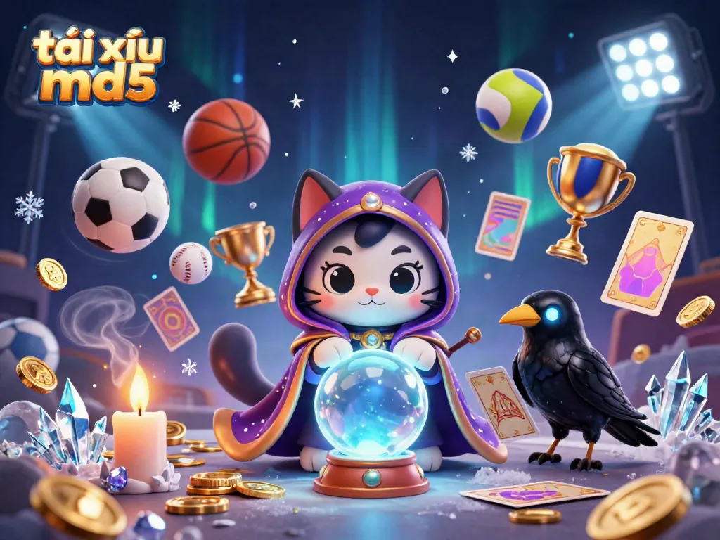 Engage in the thrilling world of tài xỉu md5 with a mystical scene featuring a fortune teller cat and dynamic game elements.