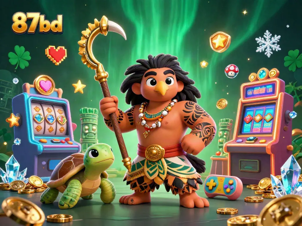 Experience thrilling slots with 87bd: Polynesian demigod and turtle companions in a vibrant casino scene.