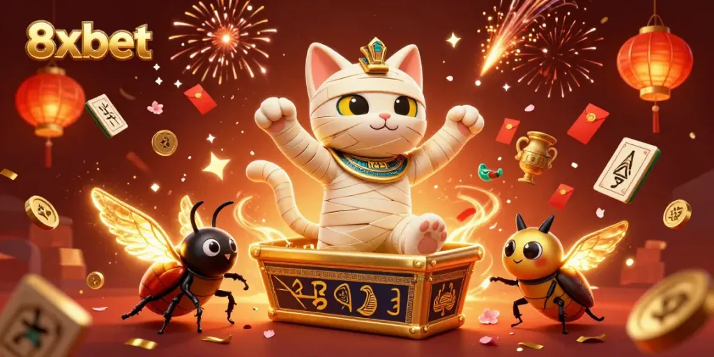 Experience the excitement of 8xbet in a vibrant 3D illustration featuring a mummy cat and dynamic casino elements.